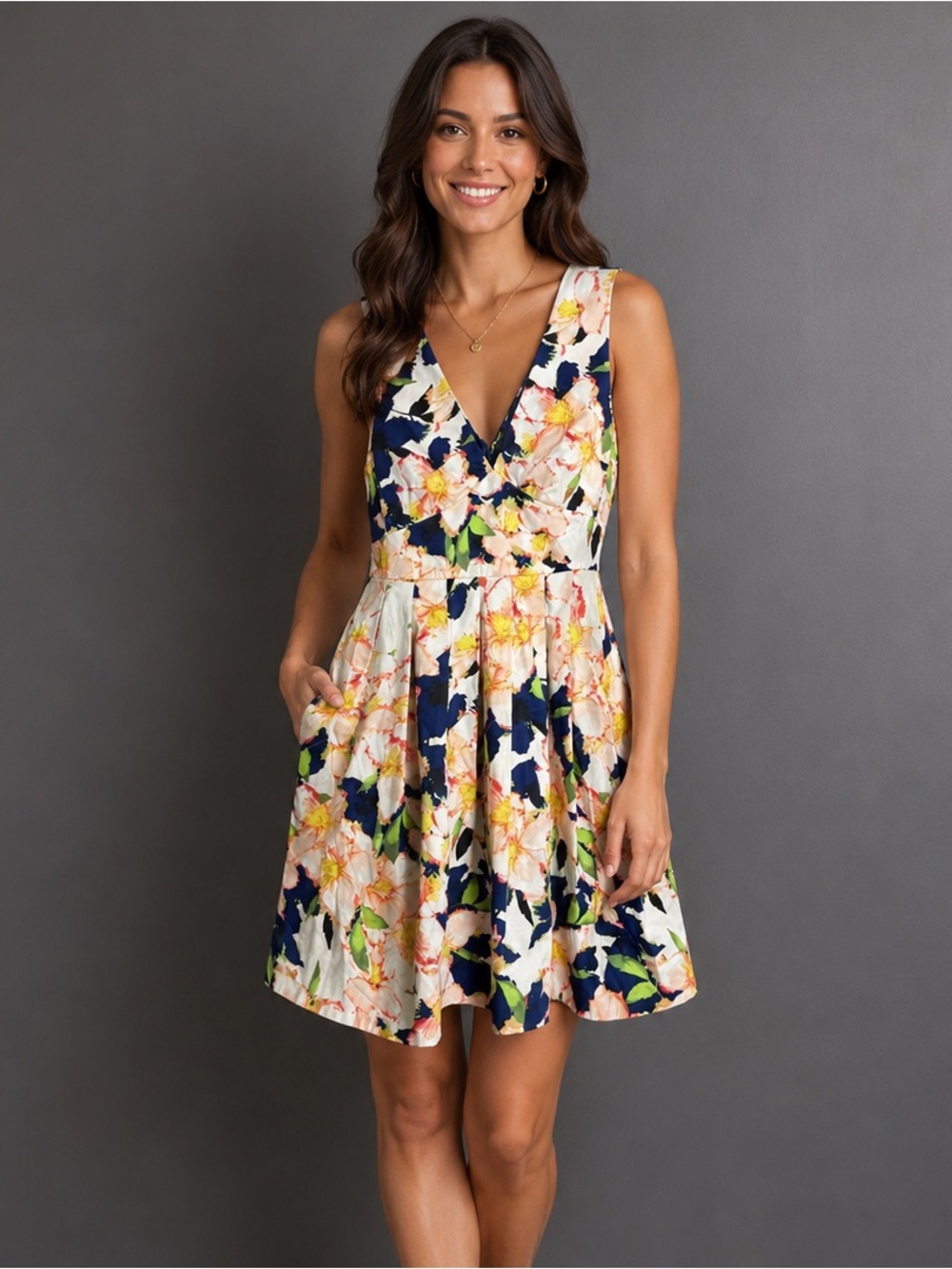 J. Crew V Neck Fit & Flare Blue Floral Dress Cotton Spandex Size 8 Spring Summer
